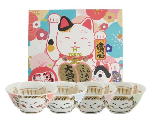 Tokyo Design Studio - Gemengde Schalen - Kawaii - Geschenkset - 4 stuks - 15x7cm - 500ml - 4 Kleuren - Luckycat