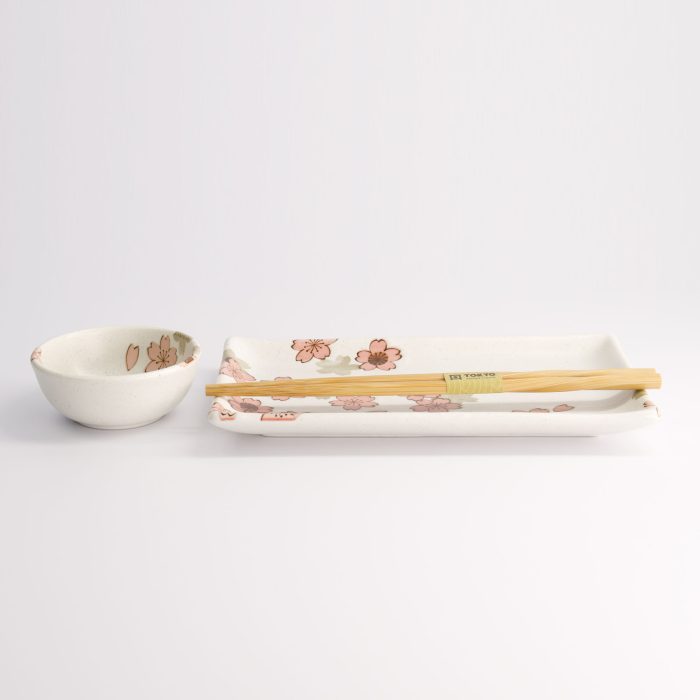 Tokyo Design Studio - Sakura White Sushi Set - 2pcs with Chopsticks - 22.5x12.7cm & 8.6x3.6cm - Image 2