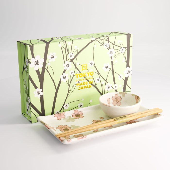 Tokyo Design Studio - Sakura White Sushi Set - 2pcs with Chopsticks - 22.5x12.7cm & 8.6x3.6cm - Image 4