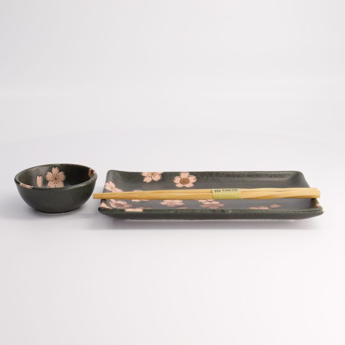 Tokyo Design Studio - Sakura Black Sushi Set - 2pcs with chopsticks - 22.5x12.7cm & 8.6x3.6cm - Image 5