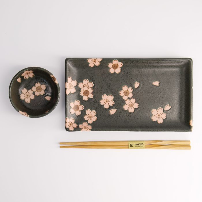 Tokyo Design Studio - Sakura Black Sushi Set - 2pcs with chopsticks - 22.5x12.7cm & 8.6x3.6cm - Image 4